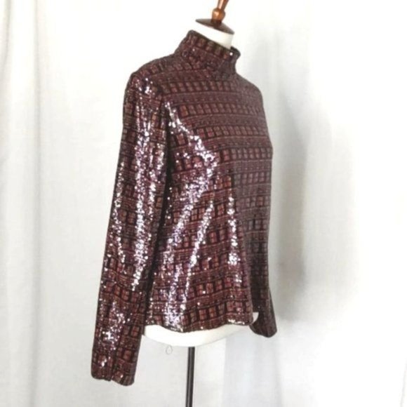 Zara Top M Sequin High Collar Mock Neck Long Sleeve Slit Cuff Party - Picture 7 of 15